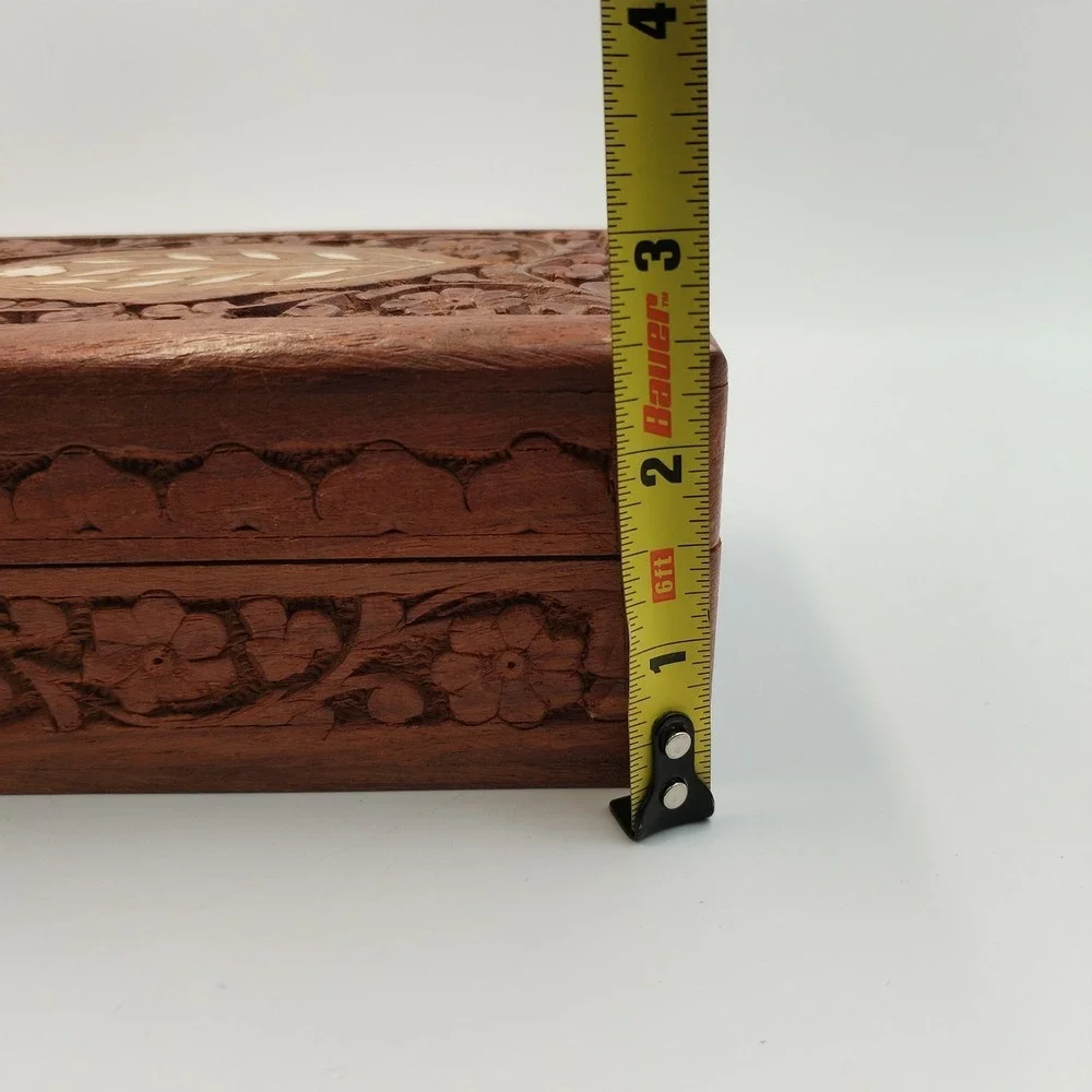 Vintage Hand Carved Indian‎ Wood Jewelry Box Inlay Floral Trinket Boho 6